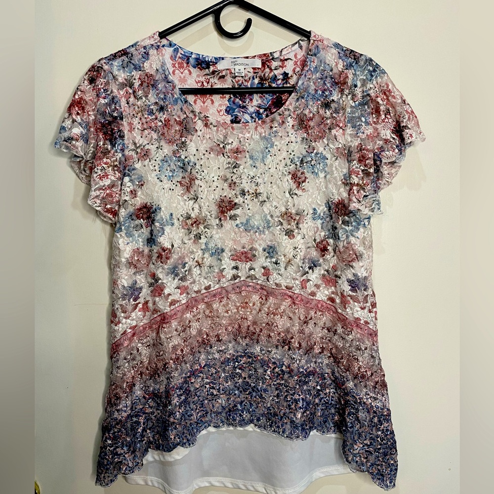 Y2K Style Fairy Floral Lace and Rhinestone Top with Flutter Sleeves Size M